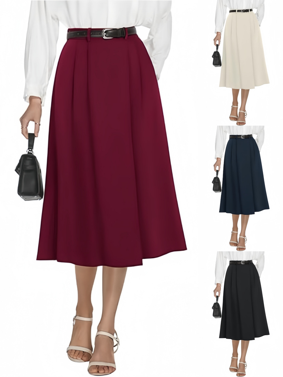 フレアスカート ベルト付きタックフレア膝丈スカート