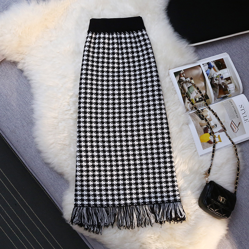 フレアスカート 千鳥格子切替フリンジ裾フレアスカート
