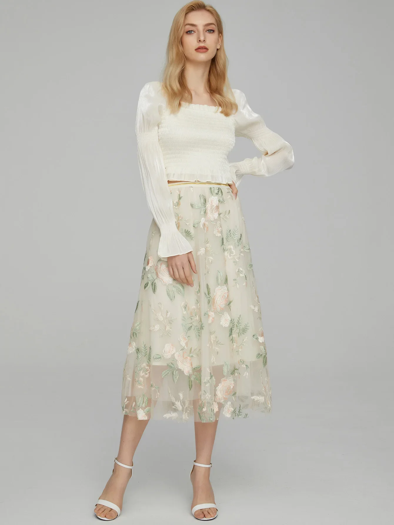 フレアスカート 花柄刺繍チュール重ねフレアスカート