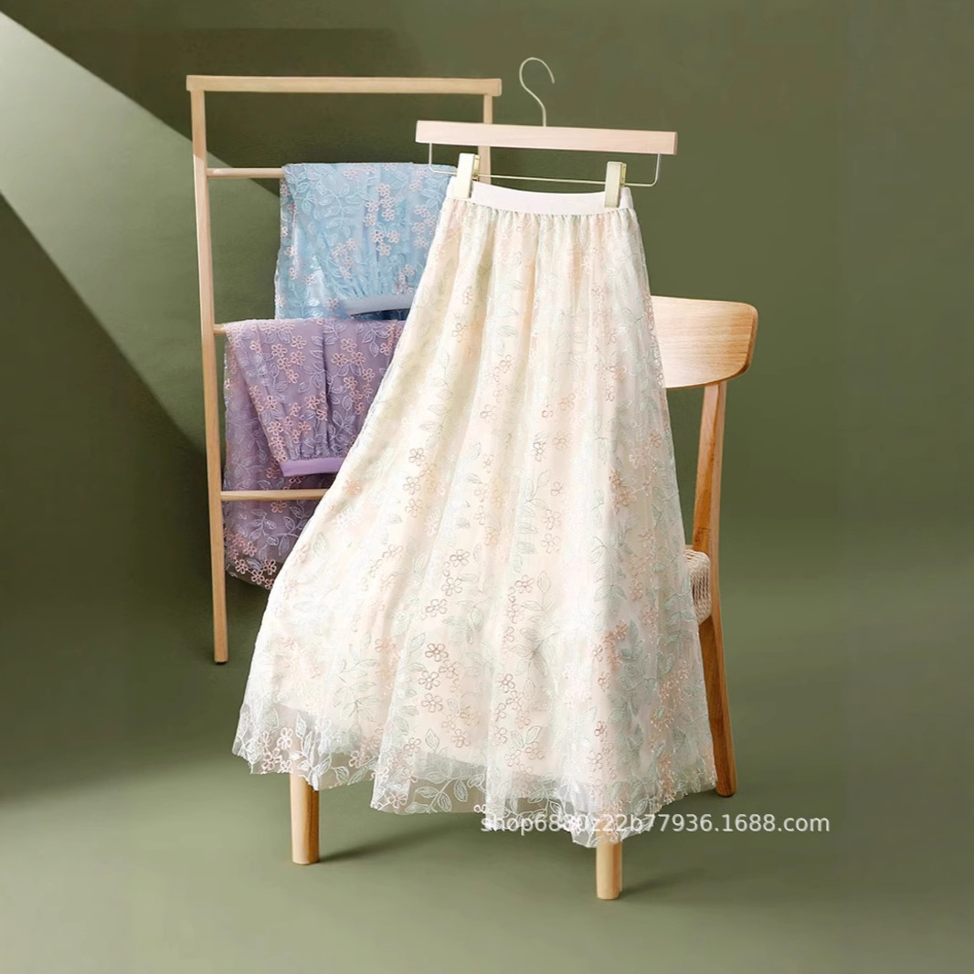 フレアスカート 小花刺繍チュールレース透け感フレアロングスカート