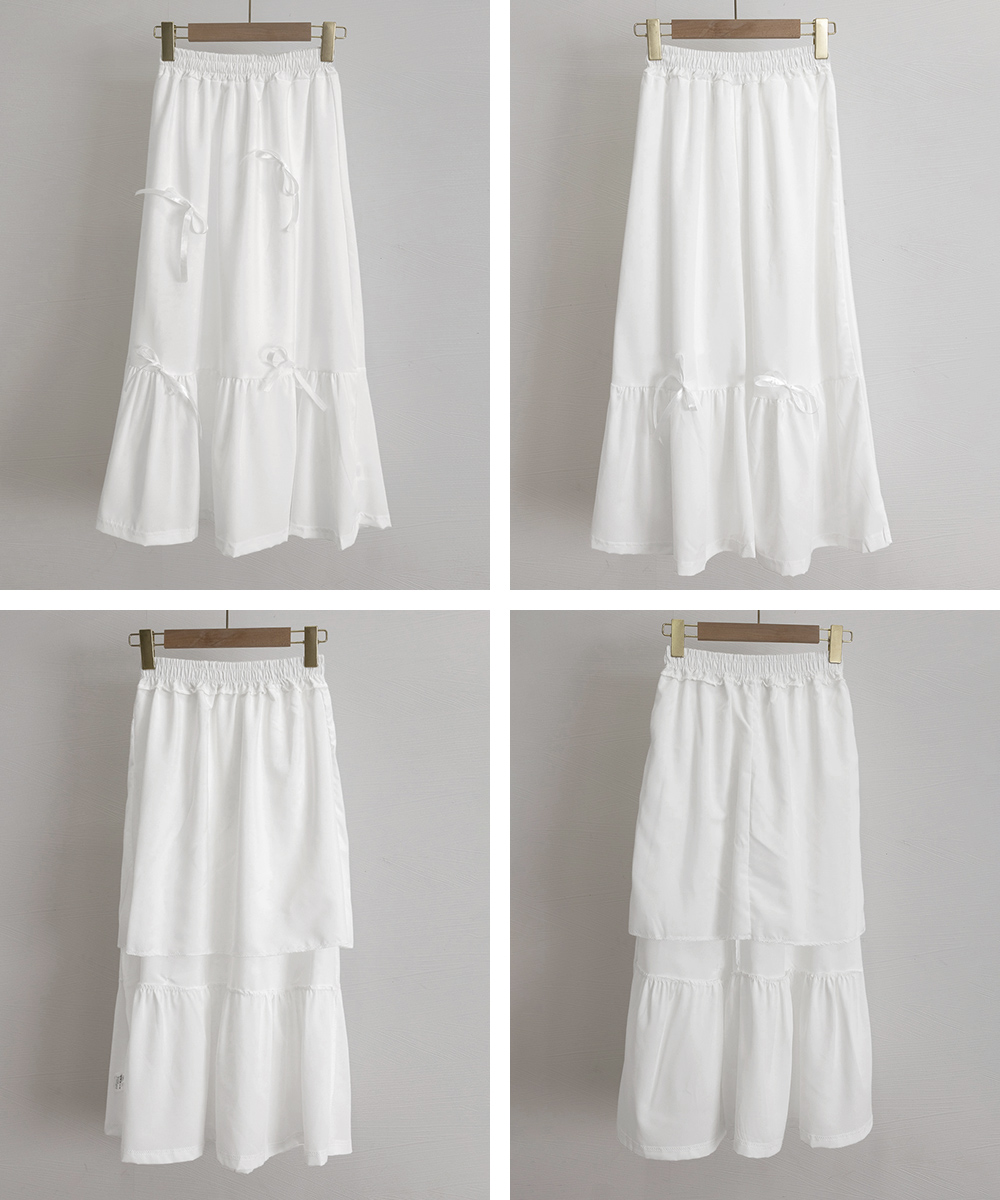 フレアスカート リボン付きマキシ丈ティアード段重ねロング丈スカート