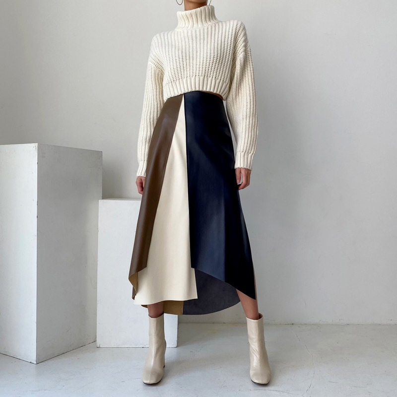 秋新作 配色ひざ丈フレアスカート 上品レディース着回し