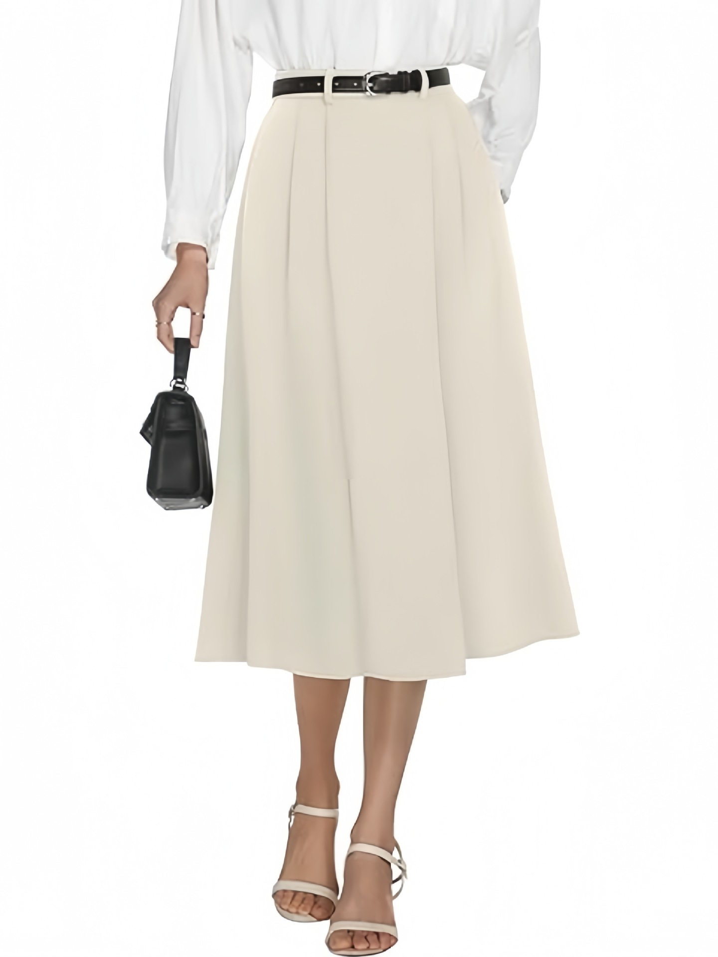 フレアスカート ベルト付きタックフレア膝丈スカート