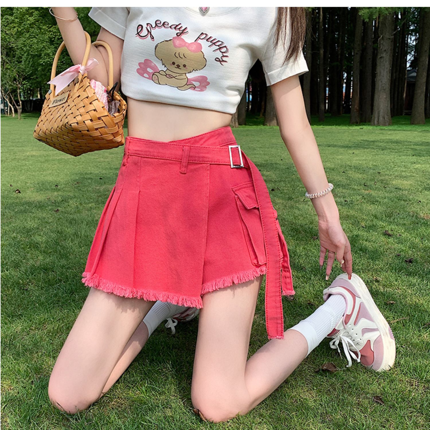 フレアスカート 裾フリンジ付きベルトデザインプリーツフレアスカート