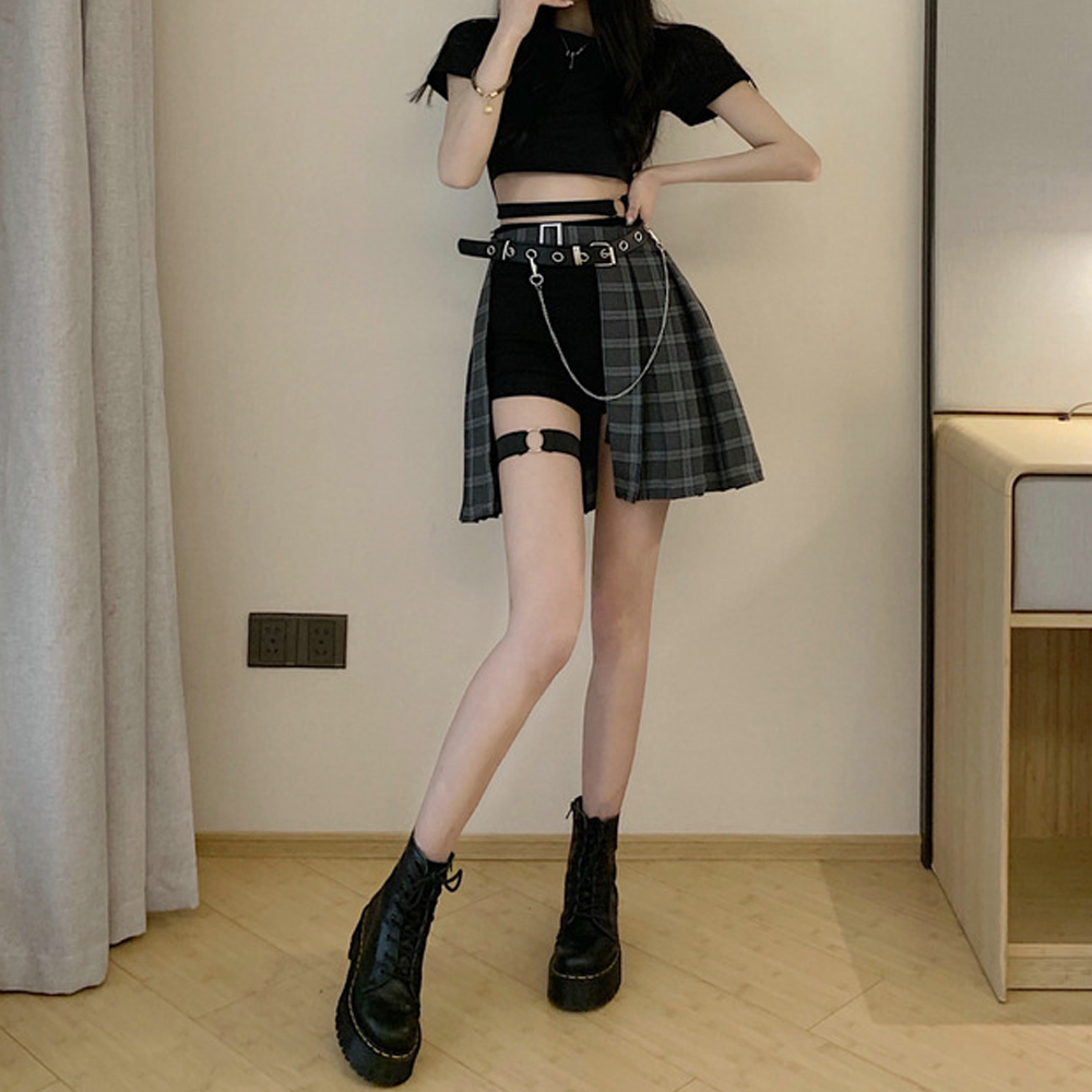 原宿系チェック柄ベルト付きミニ丈非対称フレアスカート韓国風