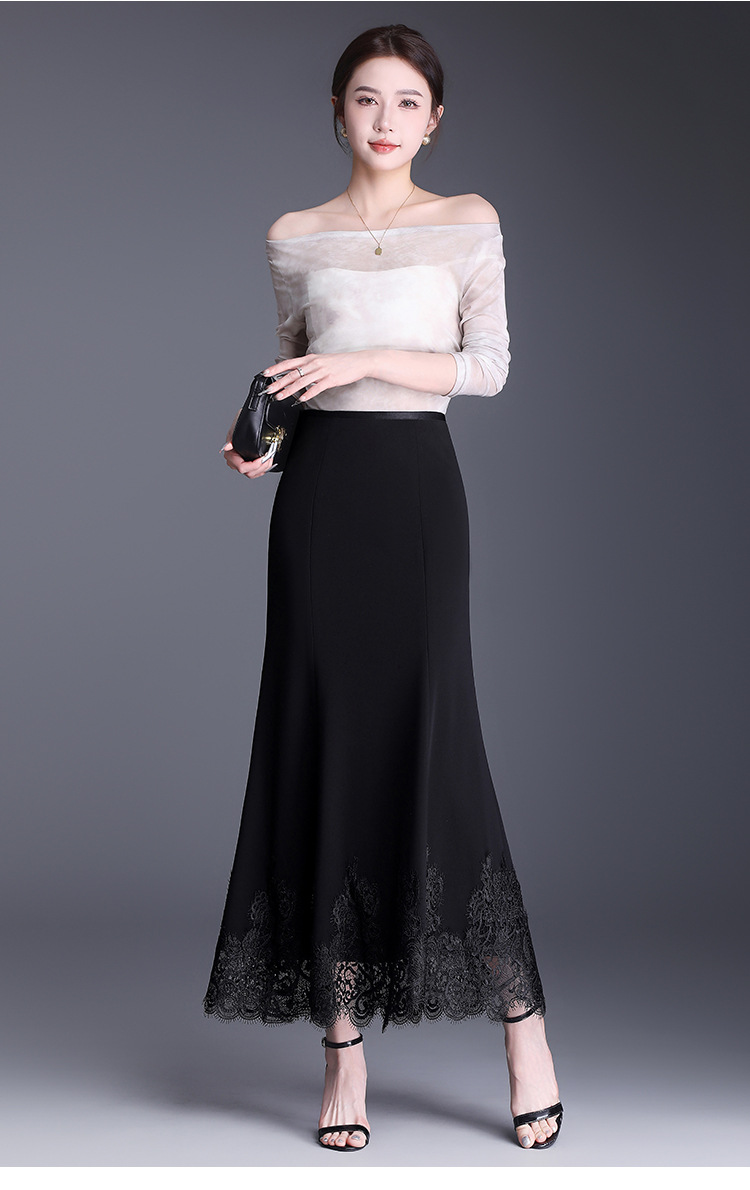 フレアスカート 裾レース刺繍エレガントフレアスカート
