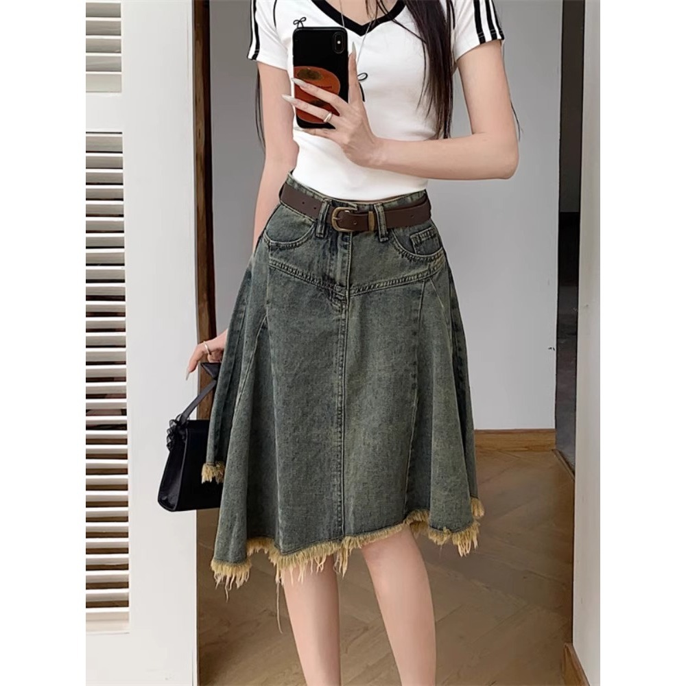 フレアスカート 裾フリンジデニムフレアスカート