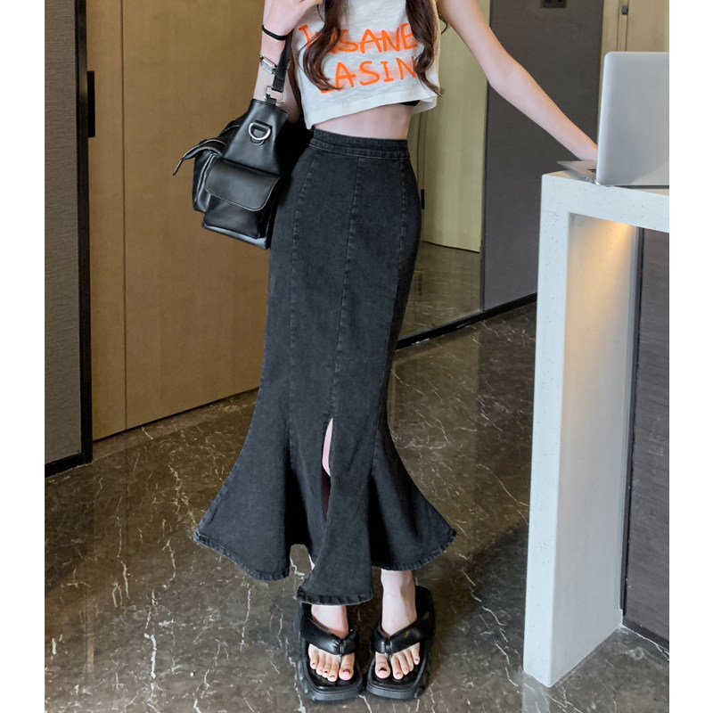 フレアスカート 裾フレア切替デニムマキシスカート