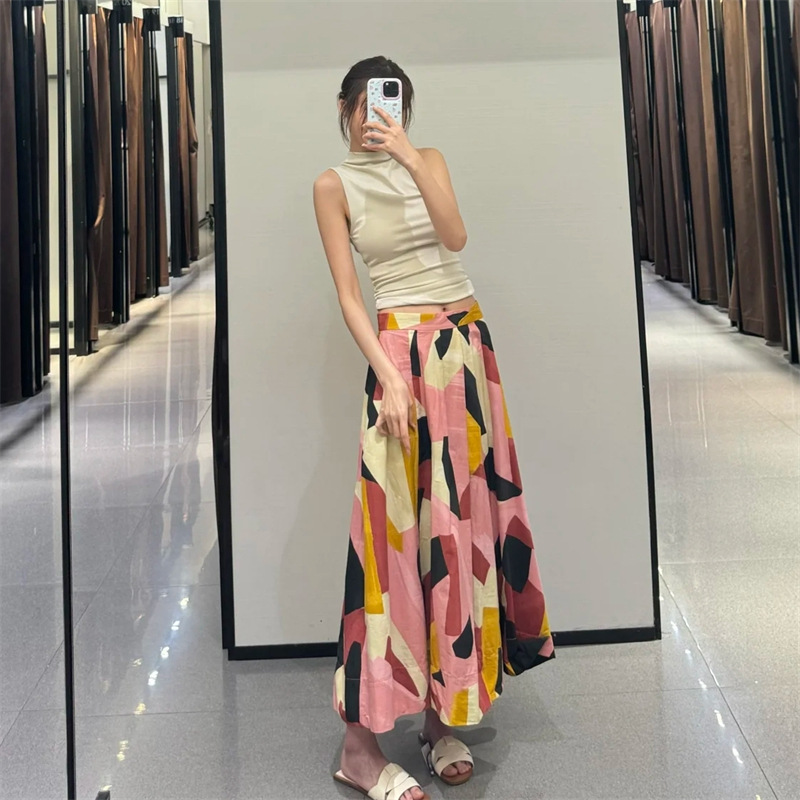 フレアスカート 幾何学模様の芸術的フレアスカートマキシ丈