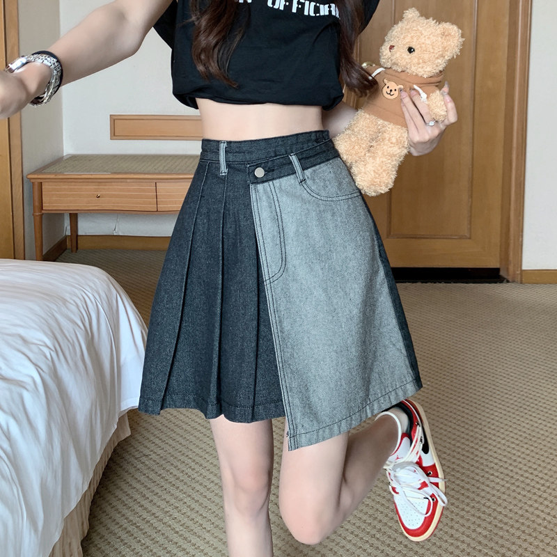 フレアスカート 配色切替デニムプリーツフレアスカート