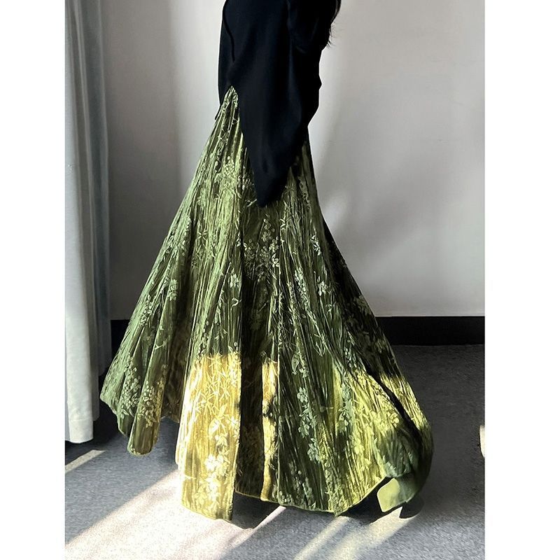 フレアスカート 光沢ベルベットプリーツフレアマキシスカート