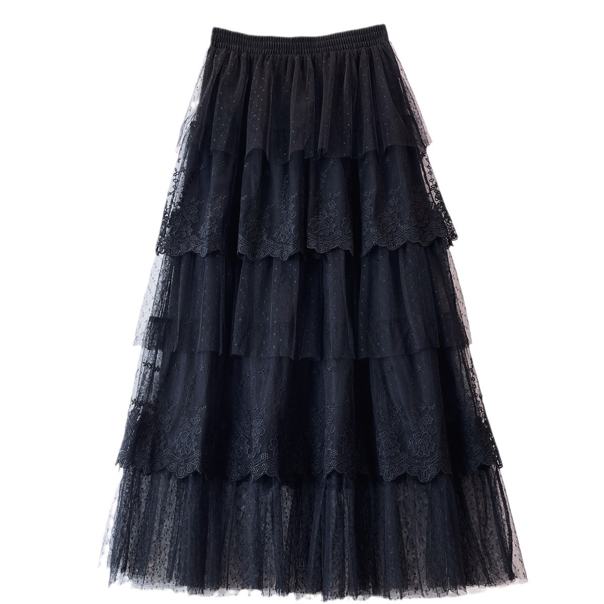 フレアスカート 繊細刺繍レース三段ティアードチュールフレアスカート