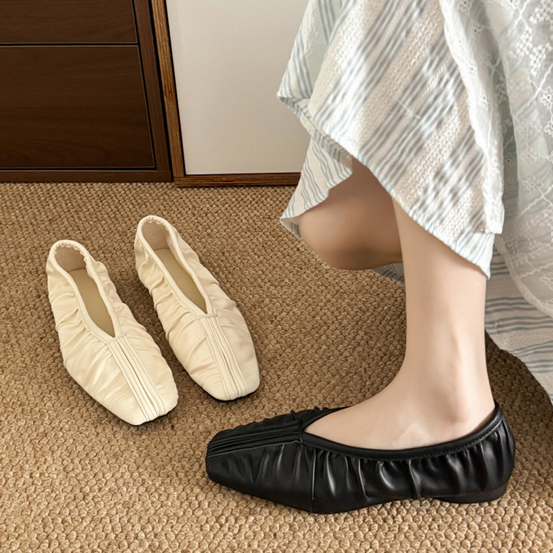 フラットシューズ ギャザーデザイン本革フラットシューズ
