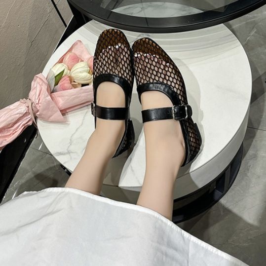 フラットシューズ 涼やかメッシュストラップパンプス
