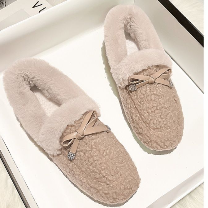 フラットシューズ もこもこリボン付きあったかモカシン