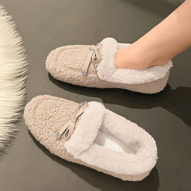 フラットシューズ もこもこリボン付きあったかモカシン