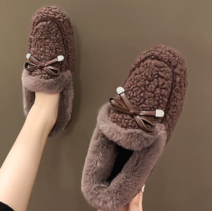 フラットシューズ もこもこリボン付きあったかモカシン