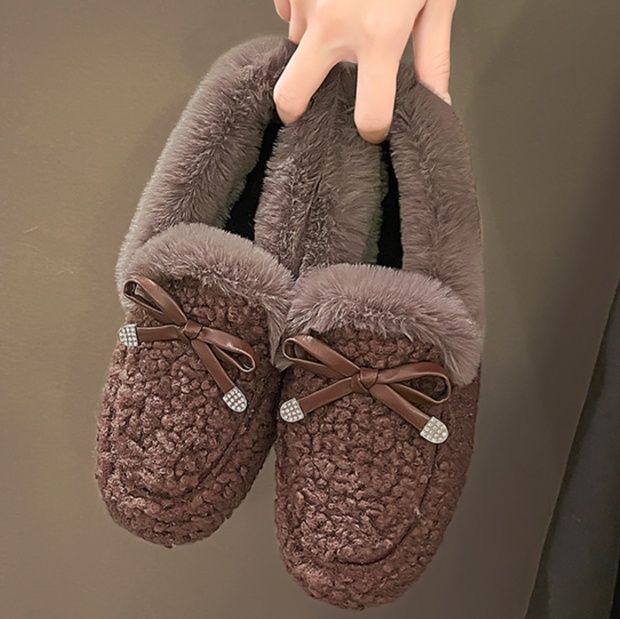 フラットシューズ もこもこリボン付きあったかモカシン