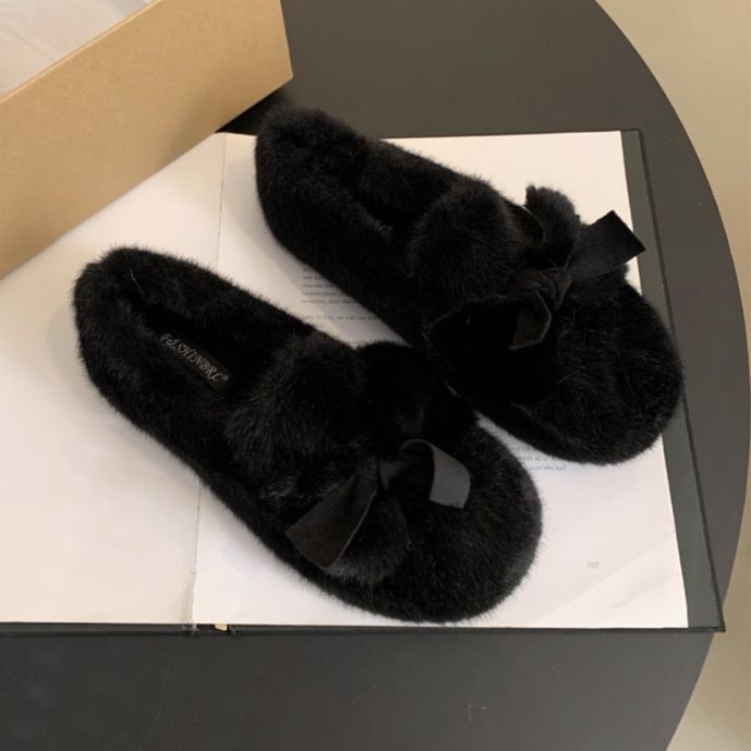 フラットシューズ ふわもこリボンフラットシューズ