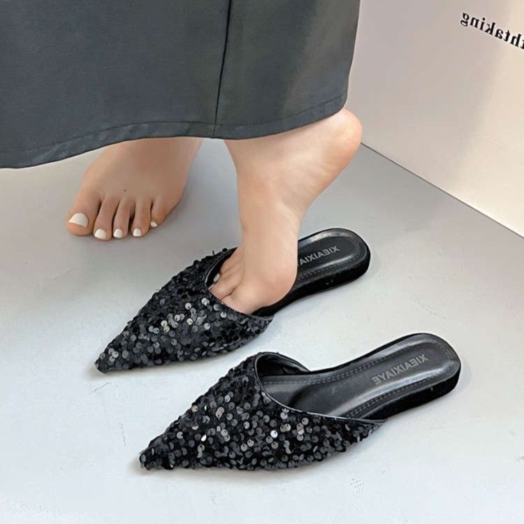 フラットシューズ きらめき装飾ポインテッドミュール