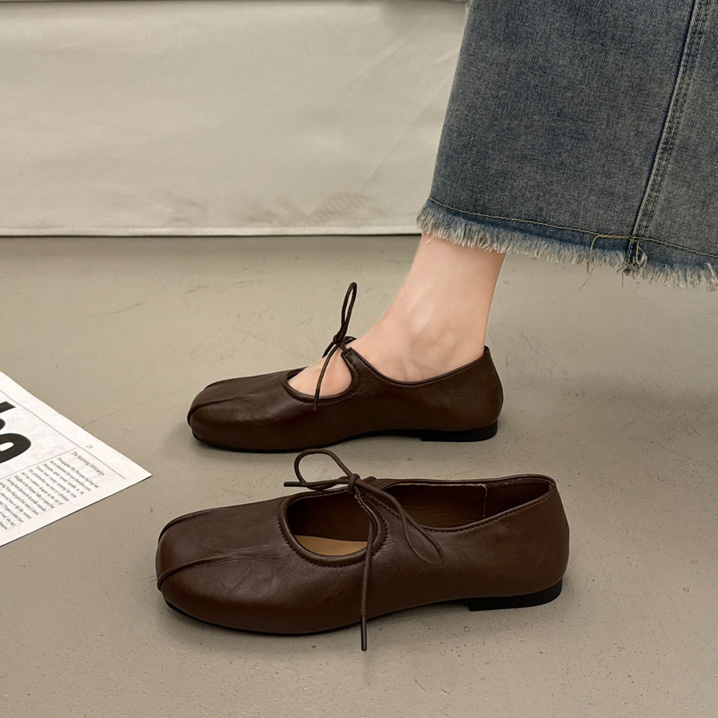 フラットシューズ 上品結び レザーフラットシューズ