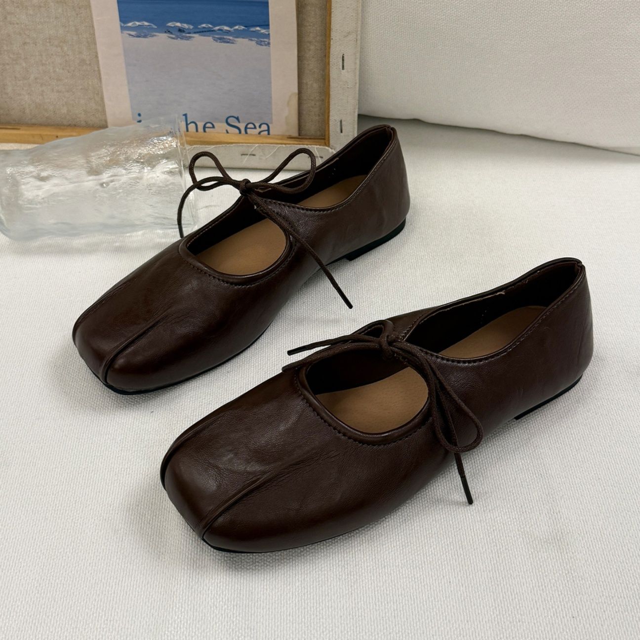 フラットシューズ 上品結び レザーフラットシューズ