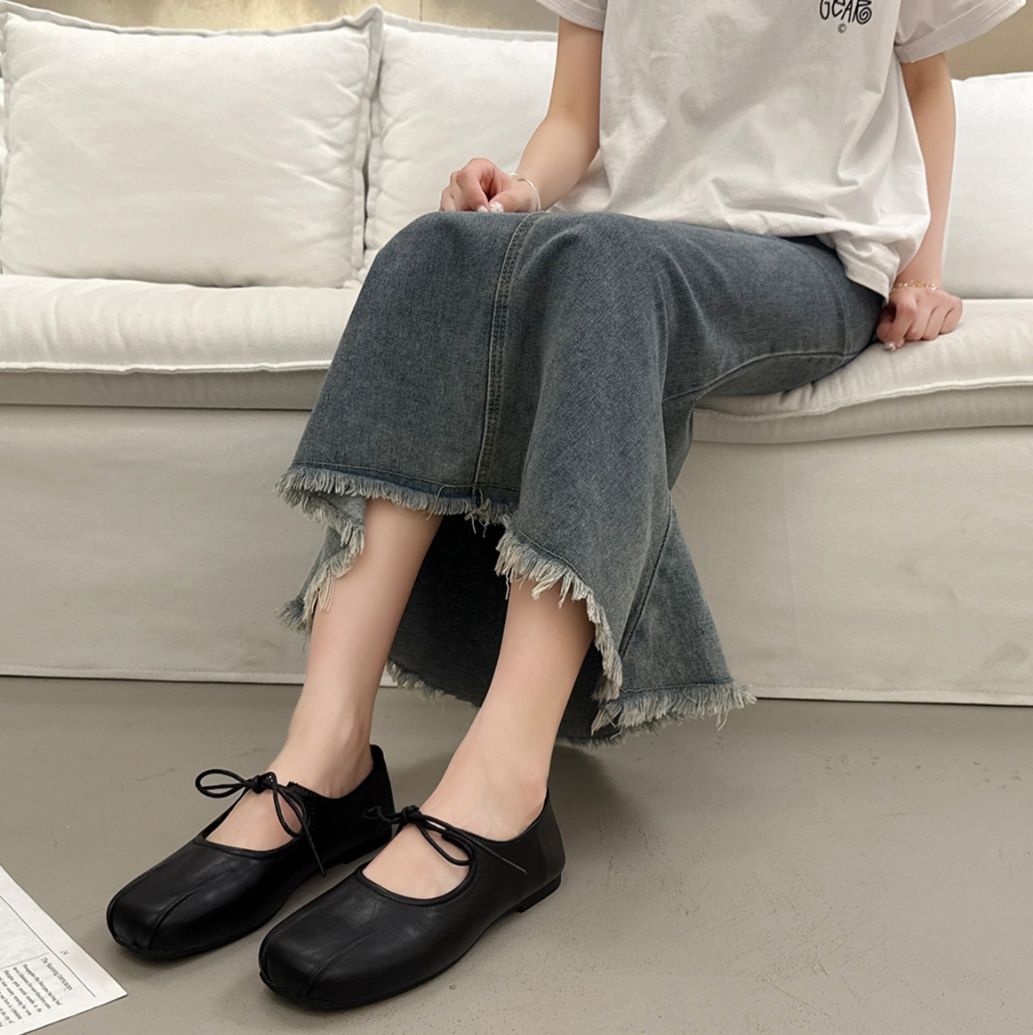 フラットシューズ 上品結び レザーフラットシューズ
