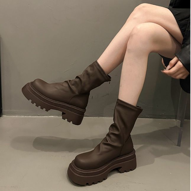 フラットシューズ ストレッチソフト厚底ショートブーツ