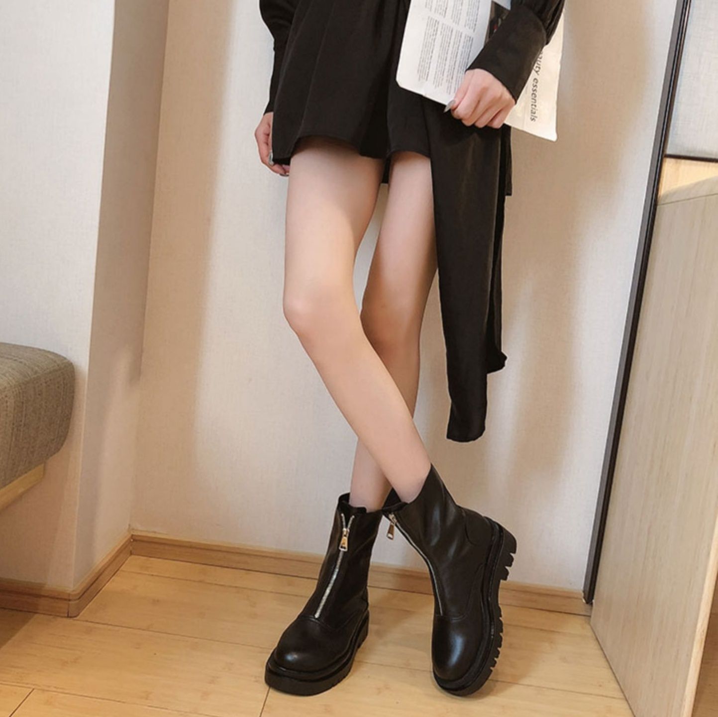 フラットシューズ 前ファスナー厚底ミドルブーツ