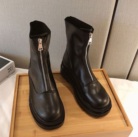 フラットシューズ 前ファスナー厚底ミドルブーツ
