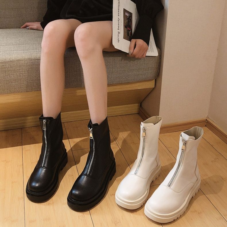 フラットシューズ 前ファスナー厚底ミドルブーツ