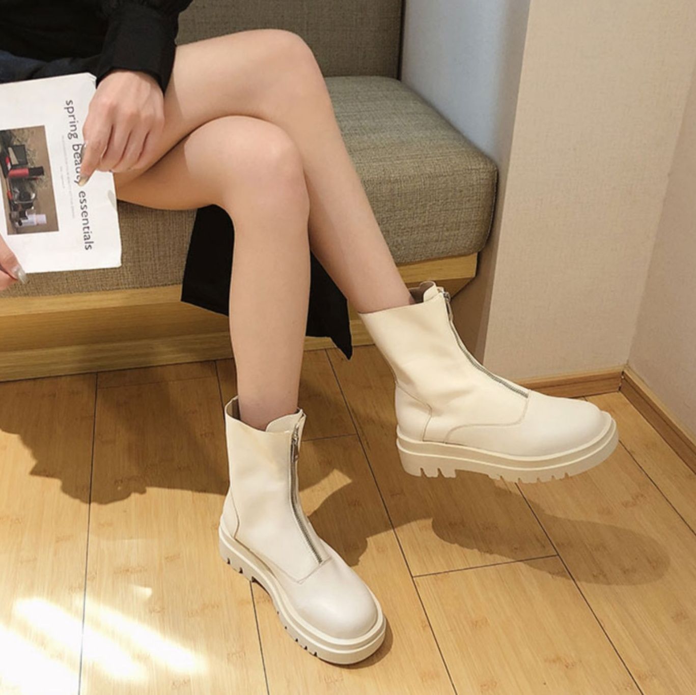フラットシューズ 前ファスナー厚底ミドルブーツ