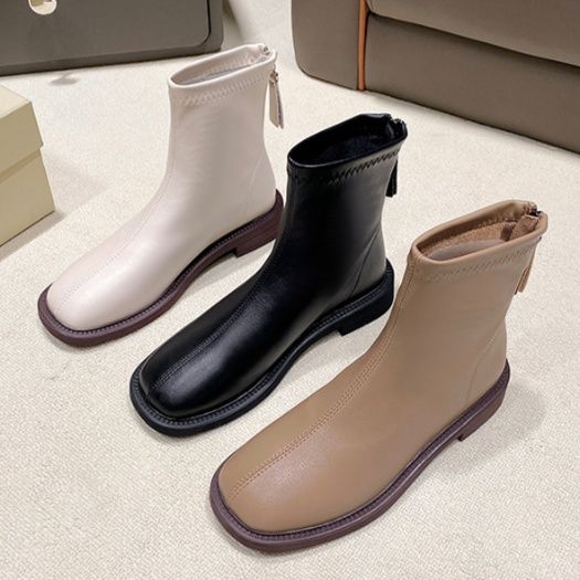 フラットシューズ シンプル後ろジップショート丈ブーツ