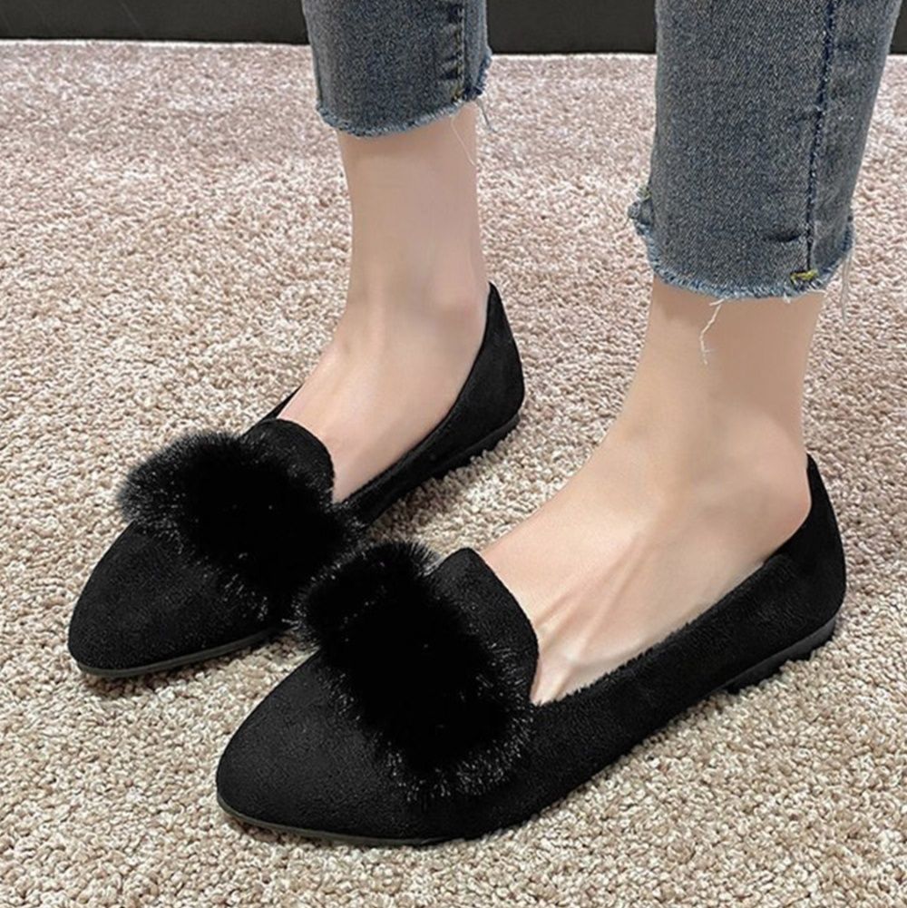 フラットシューズ  ファー付きパンプス 秋冬