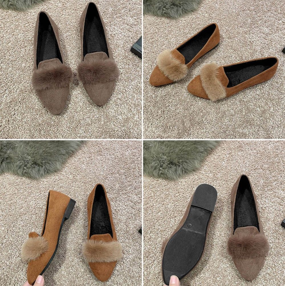 フラットシューズ  ファー付きパンプス 秋冬