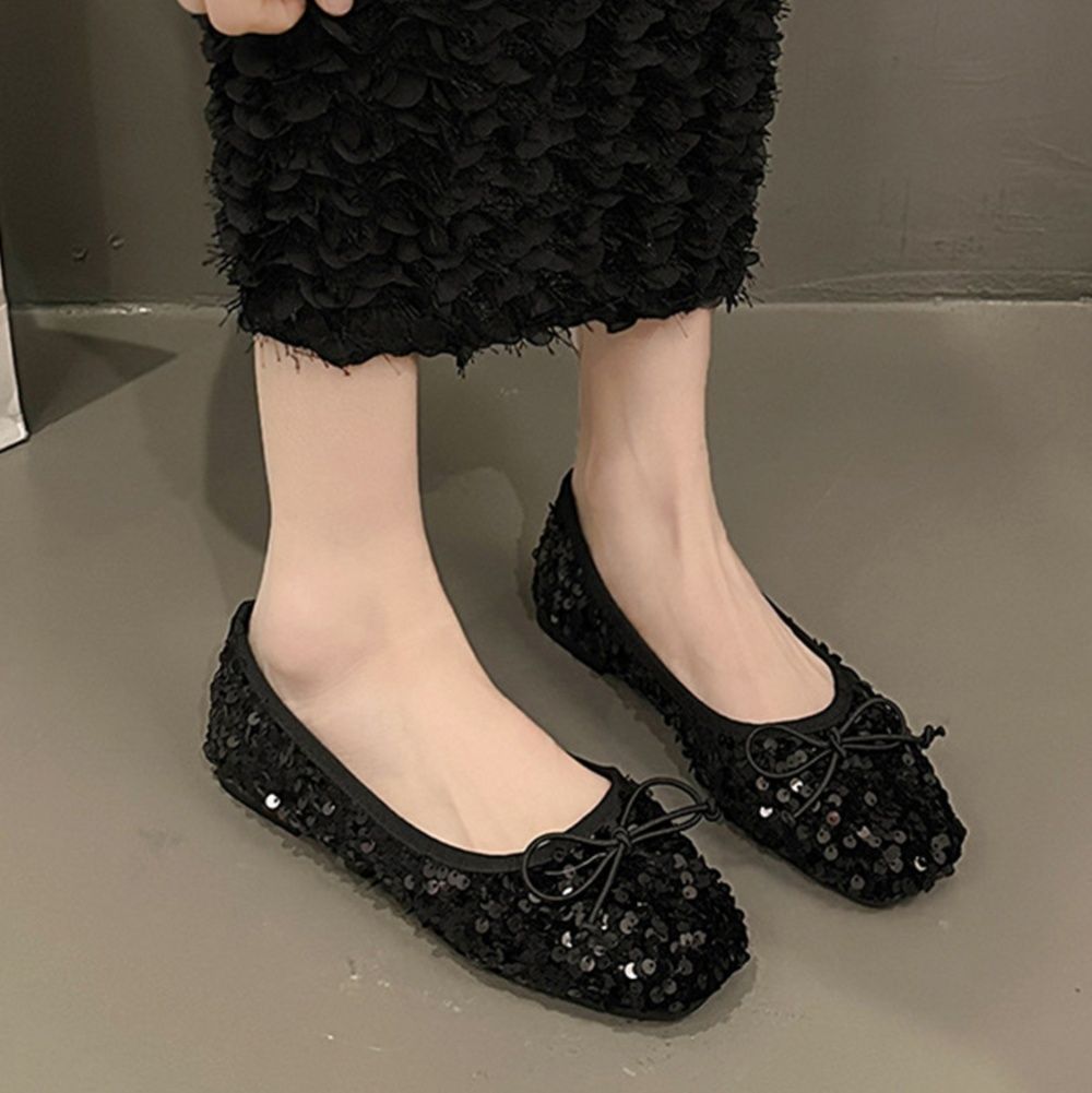 フラットシューズ 煌めきリボン スクエアトゥ バレエシューズ
