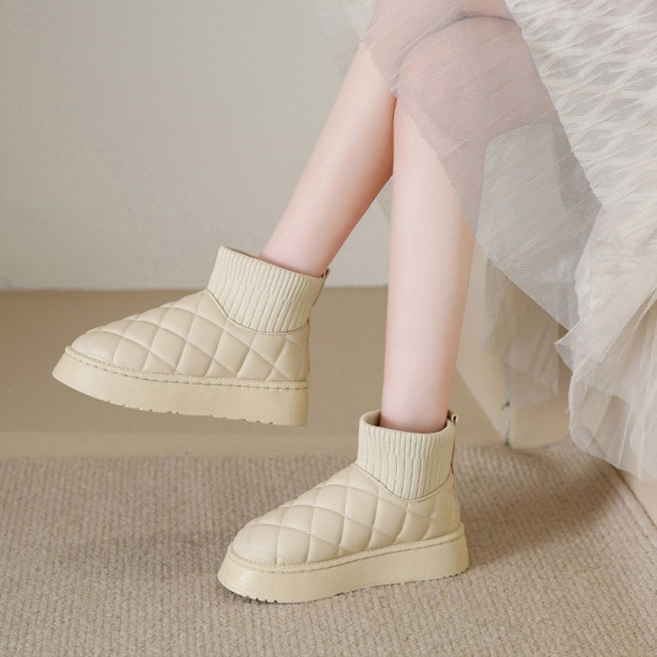 フラットシューズ 厚底キルティングムートンショートブーツ