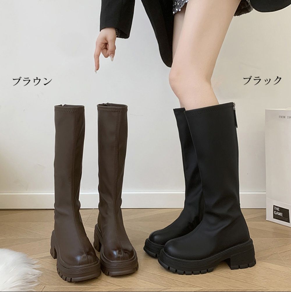 フラットシューズ 高品質レザー厚底ロングブーツ