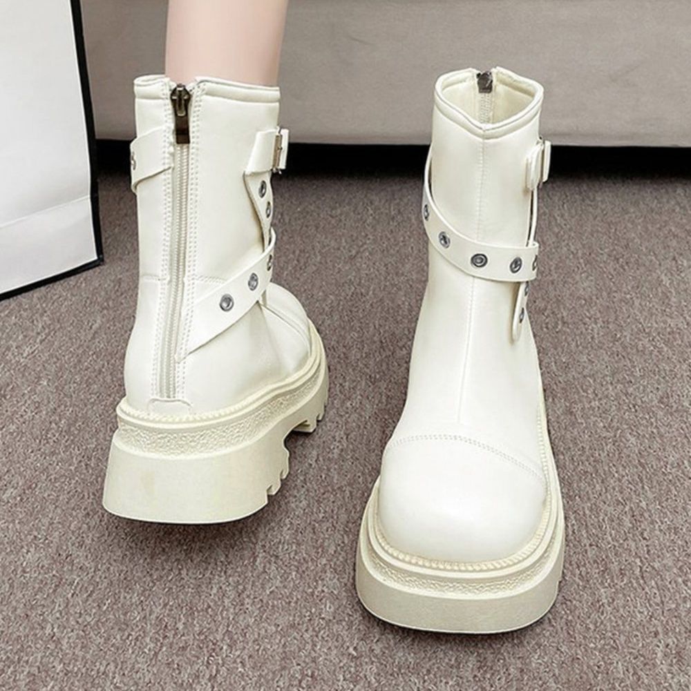 フラットシューズ レザーベルト厚底ショートブーツ