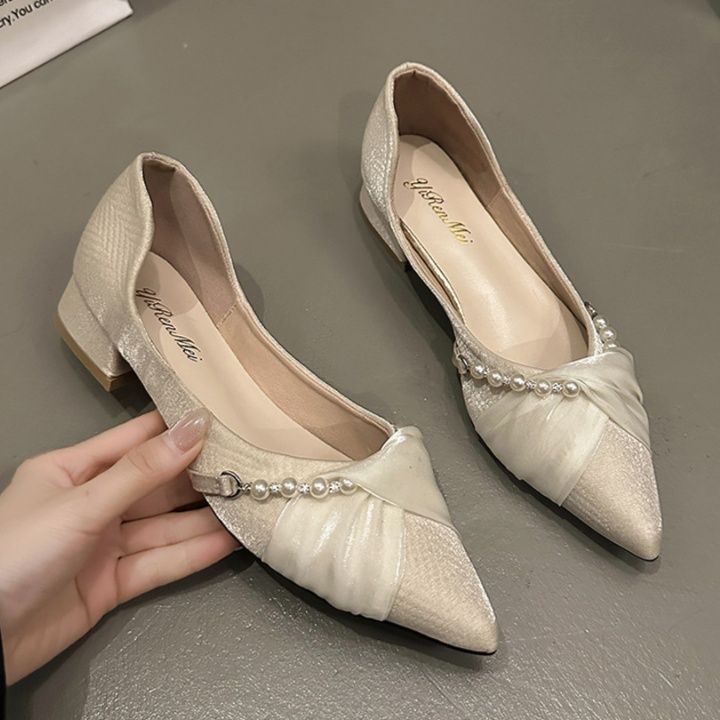 フラットシューズ 優美なドレープパールパンプス