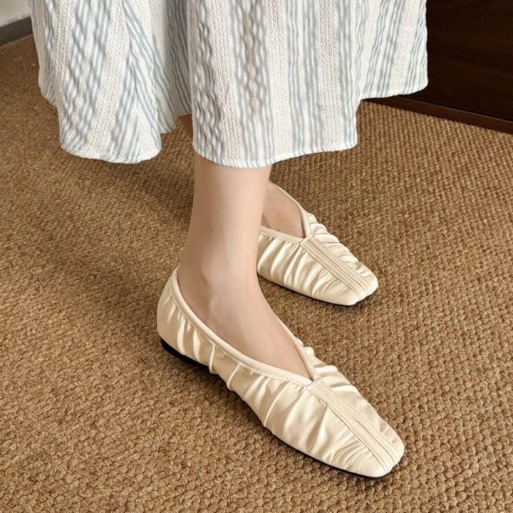 フラットシューズ ギャザーデザイン本革フラットシューズ