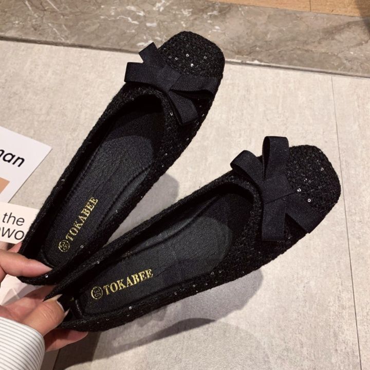 フラットシューズ 上品なリボン付きフラットシューズ