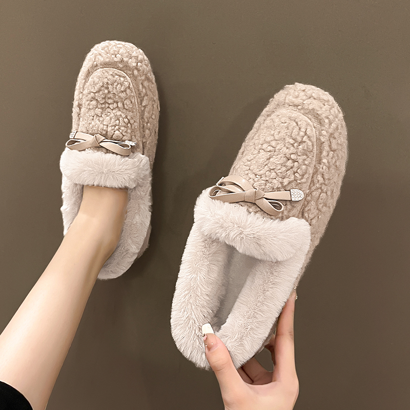フラットシューズ もこもこリボン付きあったかモカシン