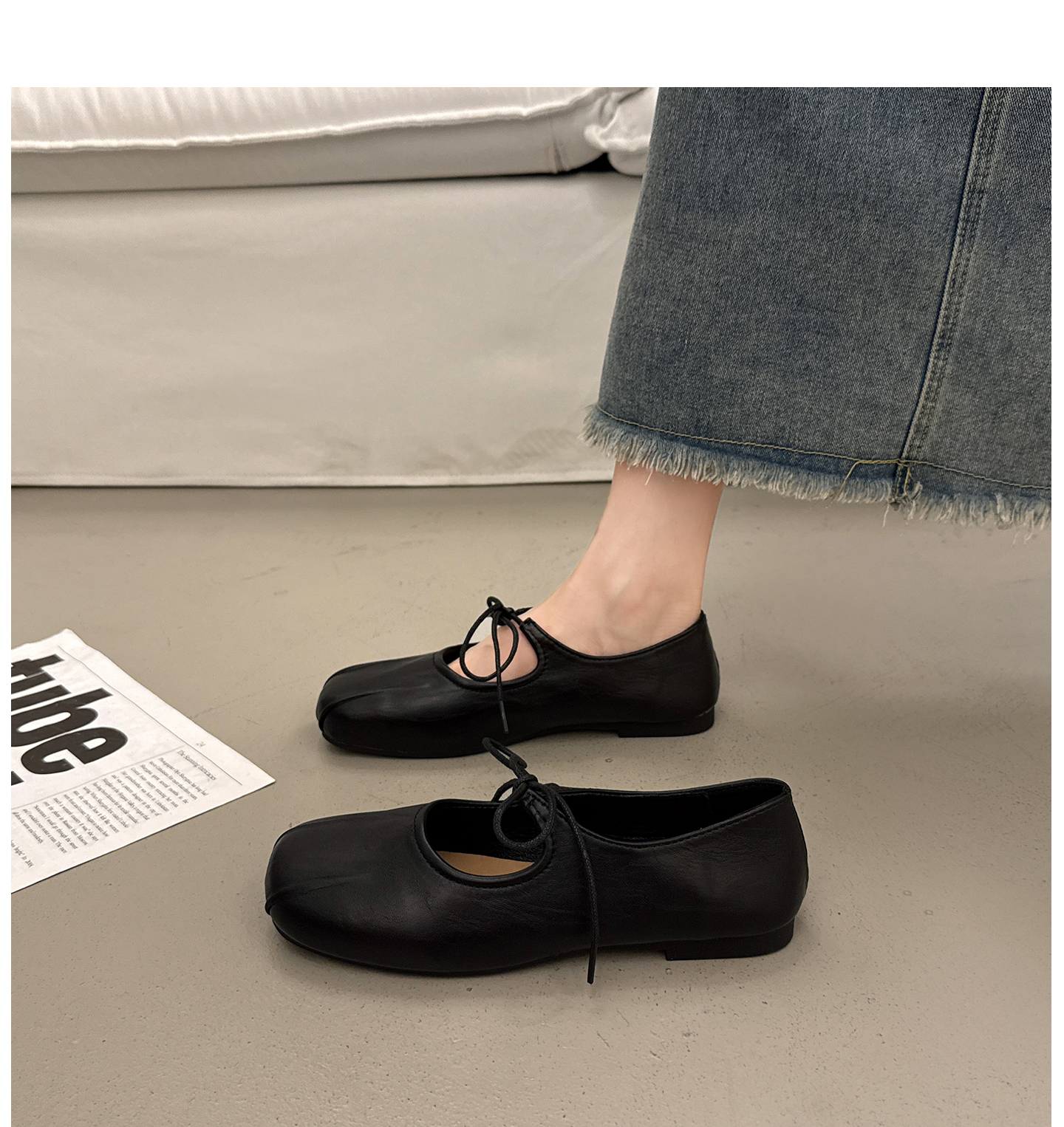 フラットシューズ 上品結び レザーフラットシューズ