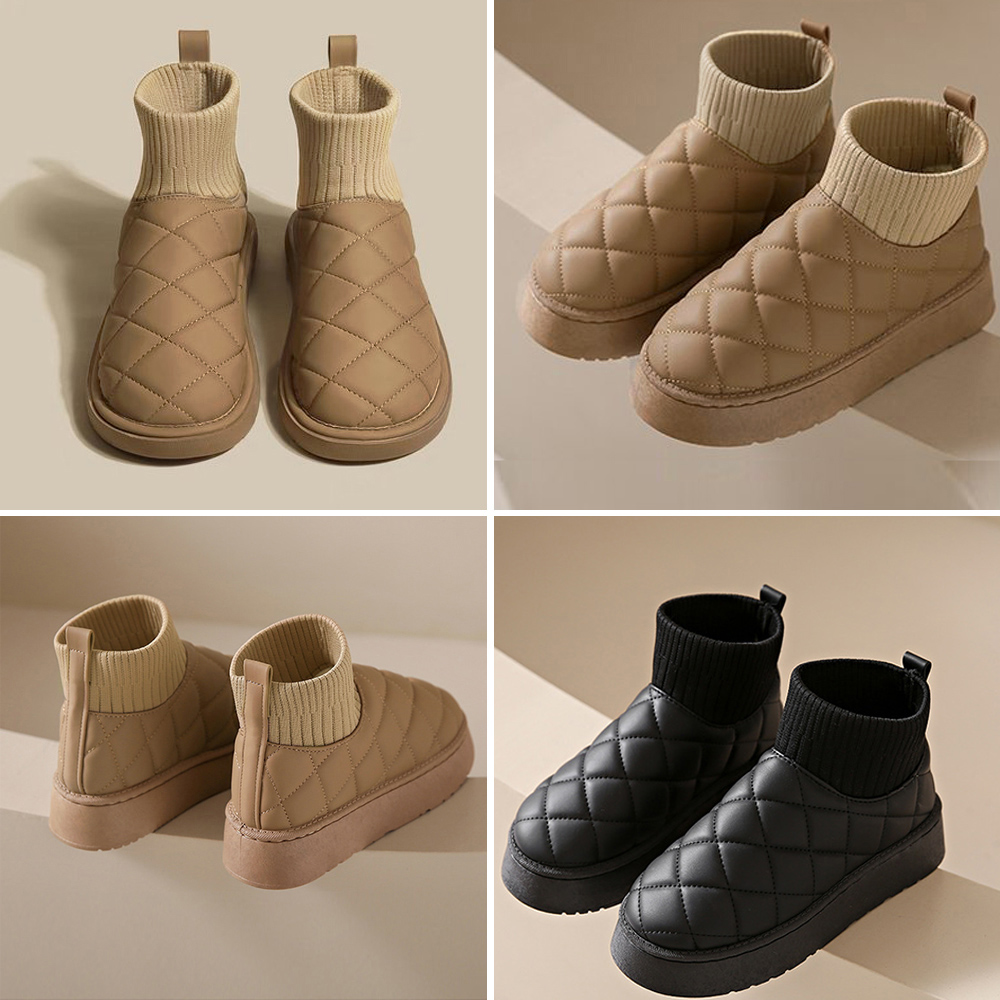 フラットシューズ 厚底キルティングムートンショートブーツ