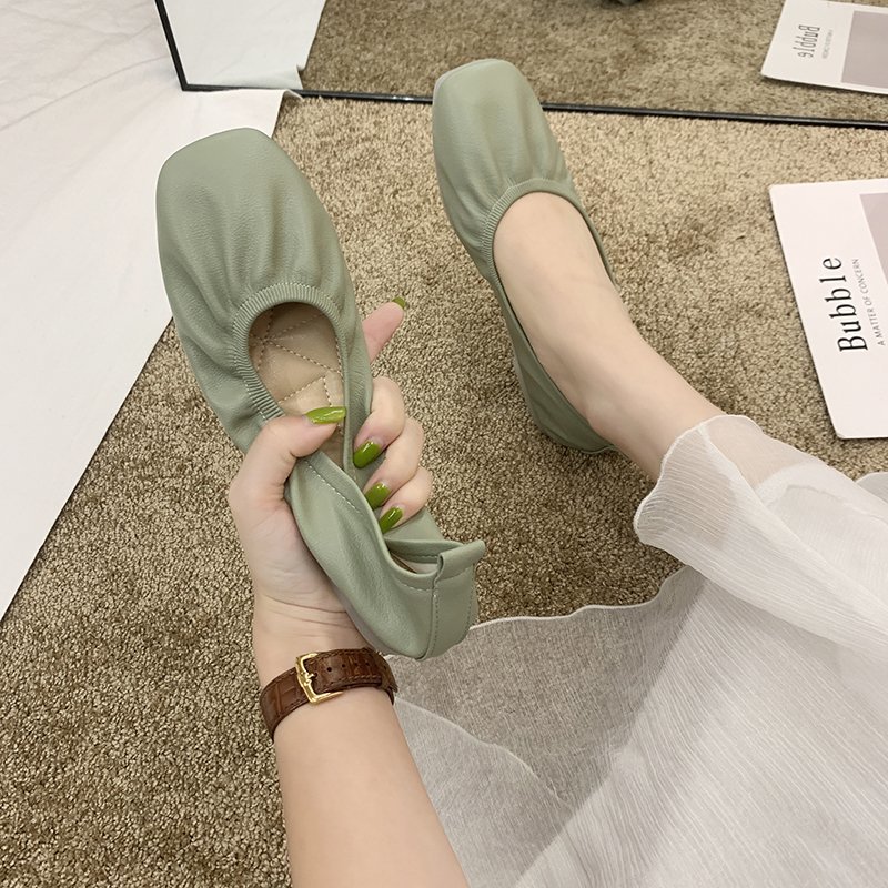 フラットシューズ やわらかギャザー スクエアパンプス