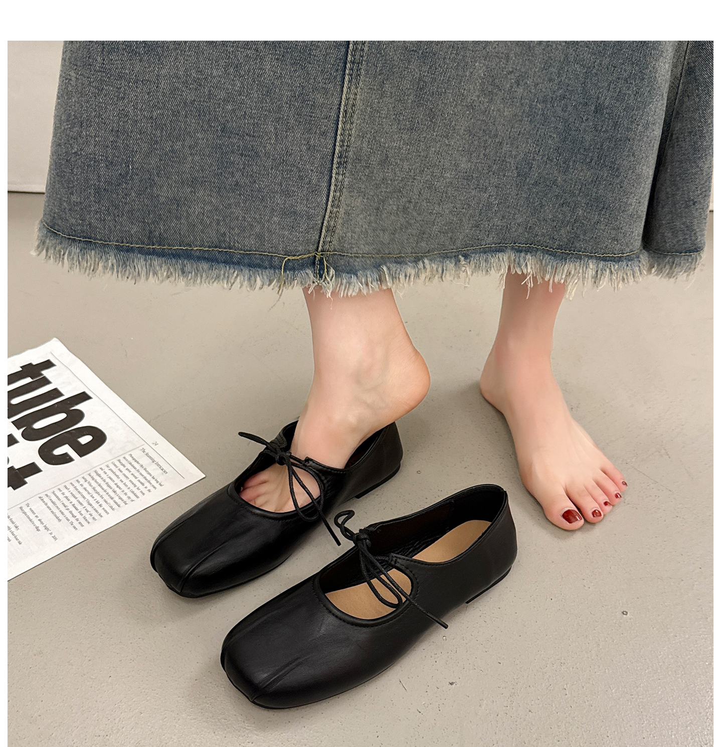 フラットシューズ 上品結び レザーフラットシューズ