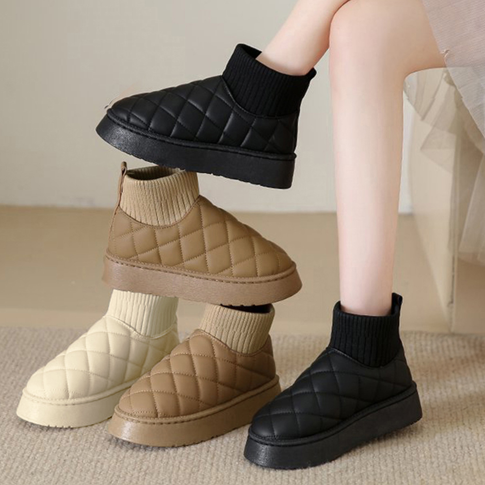 フラットシューズ 厚底キルティングムートンショートブーツ