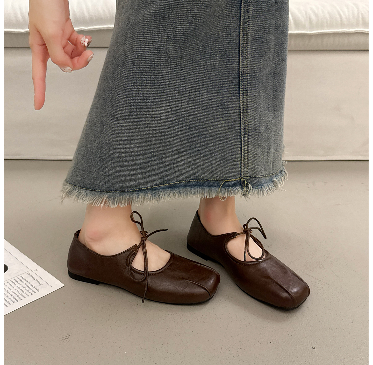 フラットシューズ 上品結び レザーフラットシューズ
