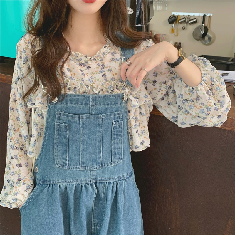 花柄 ファッション 優しい花柄ブラウス サスペンダースカートセット
